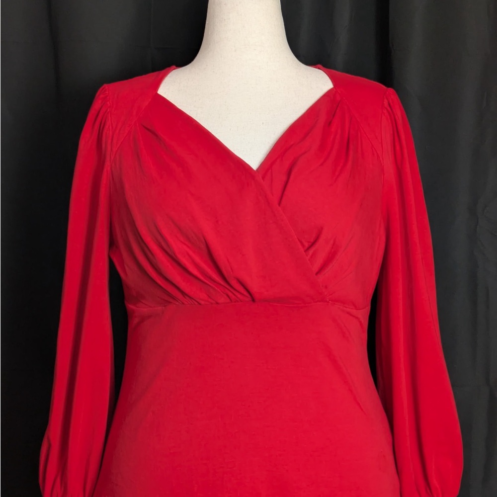 Belle Poque Red V-Neck Ruched Long Sleeve Blouse